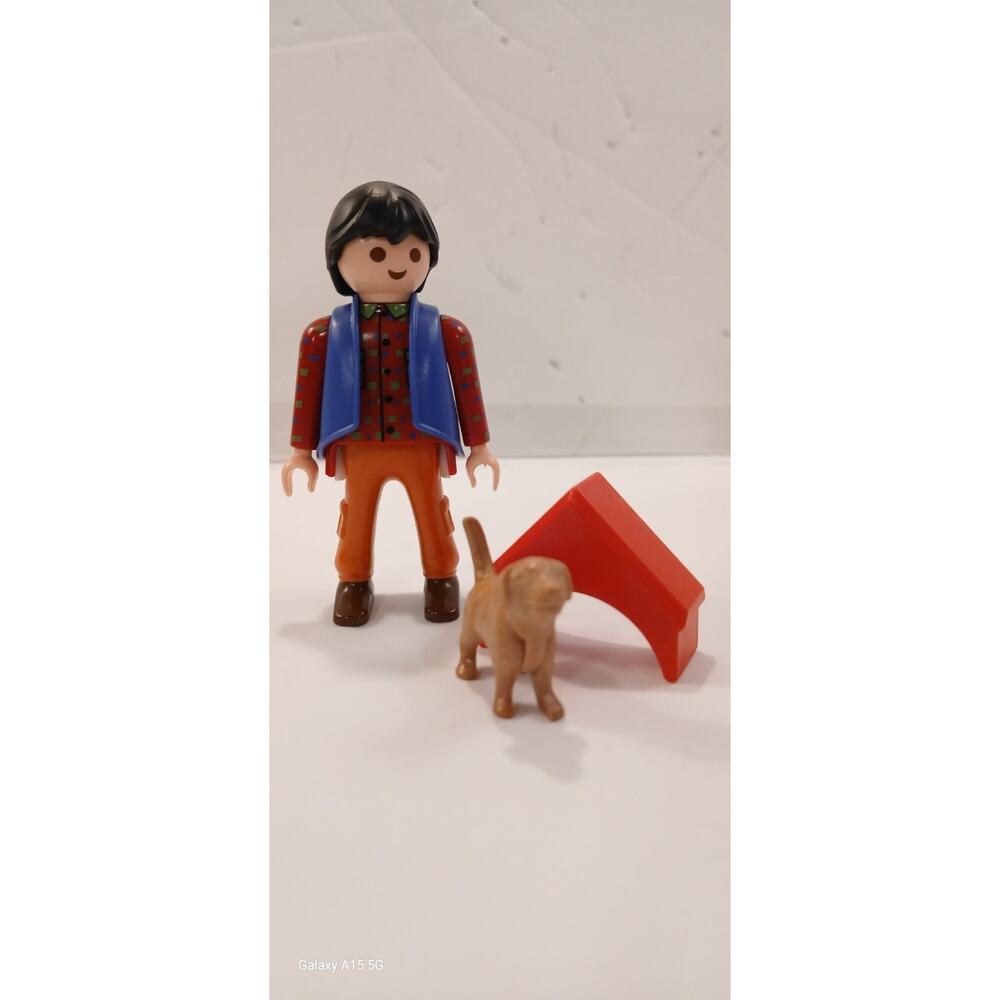 Playmobil Male Figure Modern Shirt Pattern Purple Vest Pet Dog with dog house